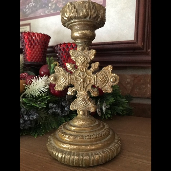 Rare Vintage 1970’s Heavy Gold Sculpture Cross Candle Holder - Picture 4 of 6
